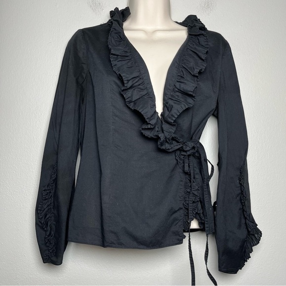 Rebecca Taylor Women Top XS Black Ruffle Trim Wrap Long Sleeve Date Night‎ - Picture 1 of 8